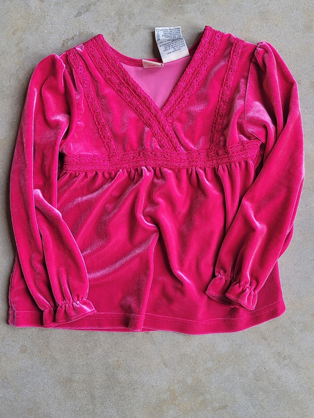 Vintage Faded Glory Hot Pink Velvet Long Sleeve Lace Trim Top